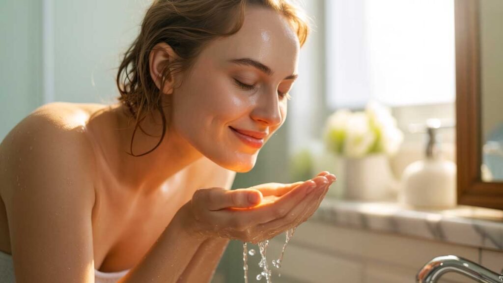 se laver le visage à l’eau