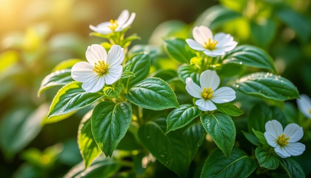 découvrez la surprise gustative de mon basilic aux fleurs blanches éclatantes : une expérience unique en goûtant une de ses feuilles fraîches et parfumées.